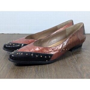 VTG Margaret J Leather Slip On Flats Womens 7.5 M Brown Black Gold Studded 80s
